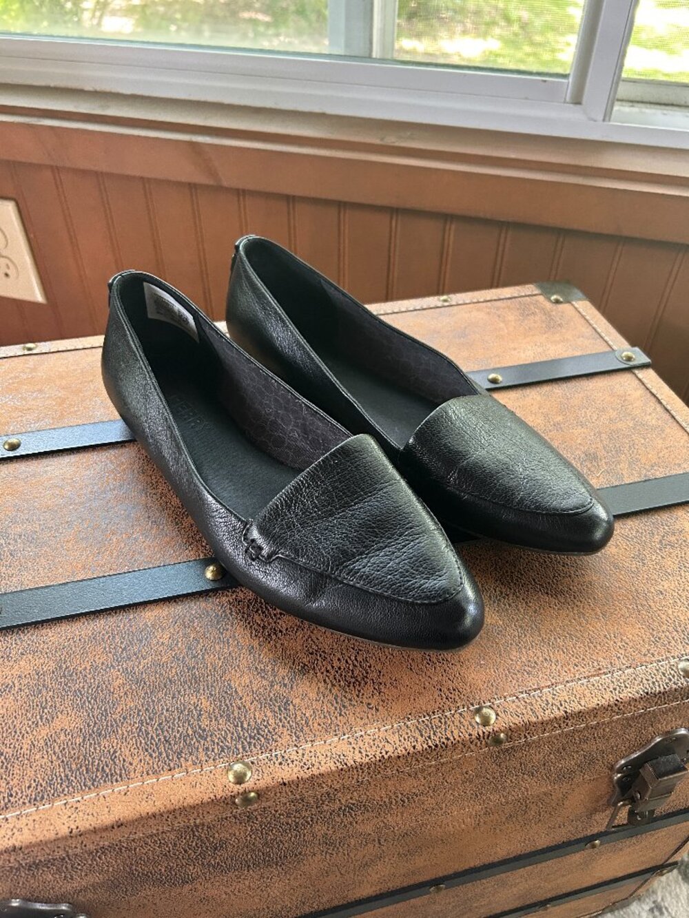 Sperry Piper Ballet Flat Black Leather Wide Width Almond Toe Womens 9.5 W